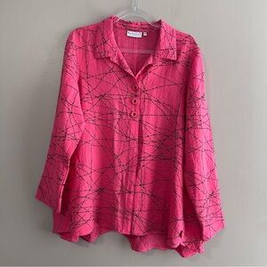 Habitat Pink Black Relaxed Button Front Tunic Top Womens Medium Lagenlook Artsy